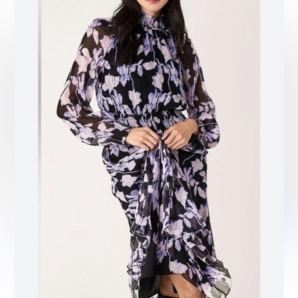 O.P.T Purple floral High Neck Smock Midi Flowy Dress Size XS